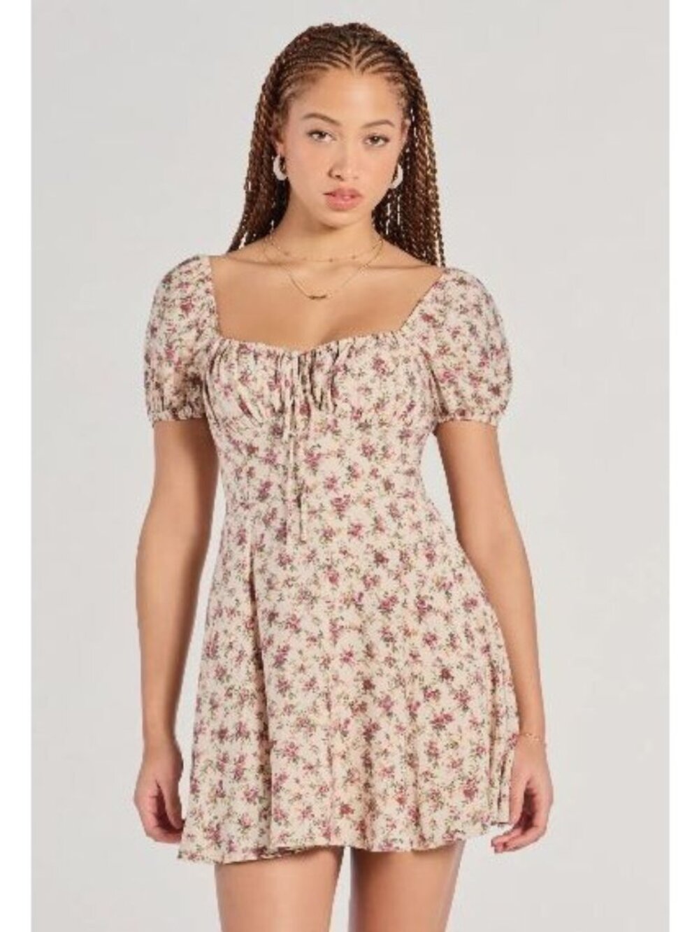 Windsor Skater Dress Size Medium Floral Puff Sleeve Square Neckline Beige/Pink
